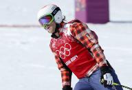 Canada's Brady Leman reacts after the men's freestyle skiing skicross finals round at the 2014 Sochi Winter Olympic Games in Rosa Khutor February 20, 2014. REUTERS/Mike Blake (RUSSIA - Tags: SPORT SKIING OLYMPICS)