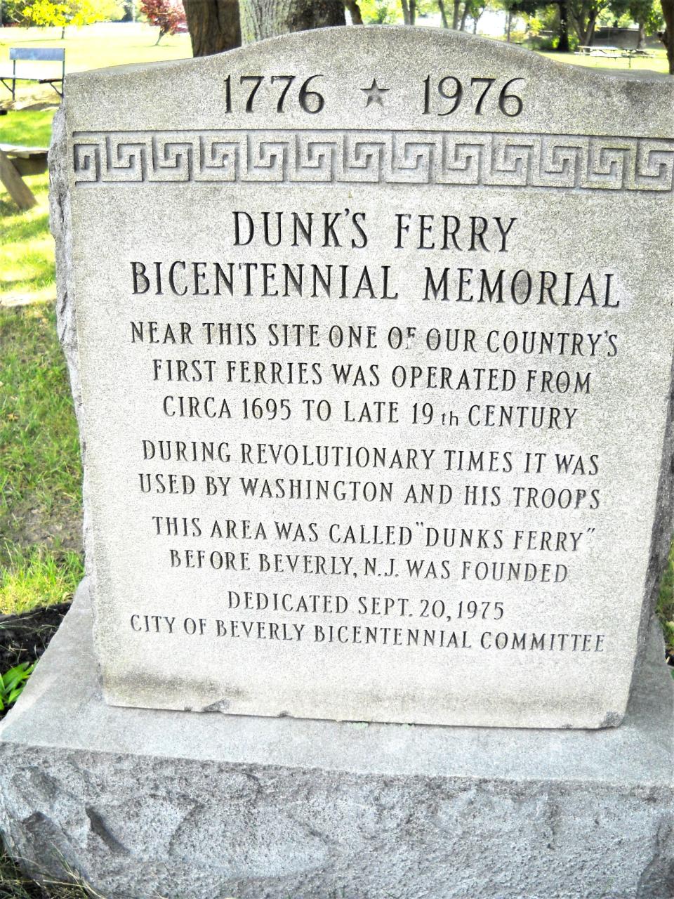 This monument in Neshaminy State Park in Bensalem notes the history of Dunks Ferry on the Delaware.