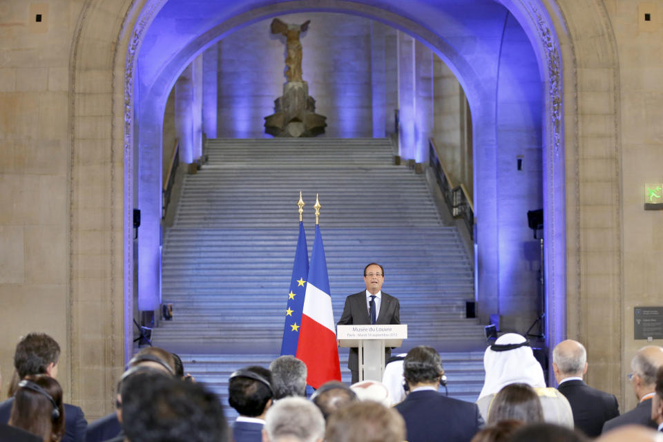 French President Francois Hollande delivers a speech during the official opening ceremony of the new Department of Islamic Arts at the Louvre museum, in Paris, Tuesday, Sept. 18, 2012. The new Louvre department is the largest of its kind in Europe, with 3,000 artifacts on display, gathered from Spain to India and dating back to the seventh century AD. (AP Photo/Pierre Verdy, Pool)