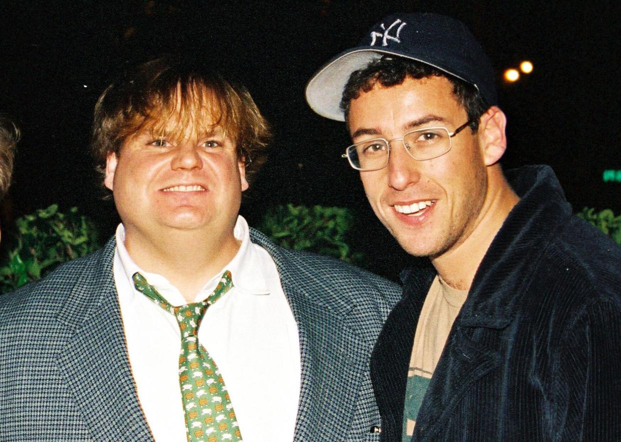 Mandatory Credit: Photo by Bei/Shutterstock (5134392a) David Spade, Chris Farley and Adam Sandler 'Black Sheep' Premiere January 29, 1996: Los Angeles, CA David Spade, Chris Farley and Adam Sandler 'Black Sheep' Premiere Photo ® Berliner Studio/BEImages