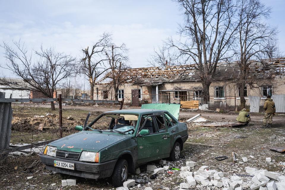 A view of damaged sites aftermath of the battle for Malaya Rohan in Kharkiv, Ukraine on April 01, 2022.