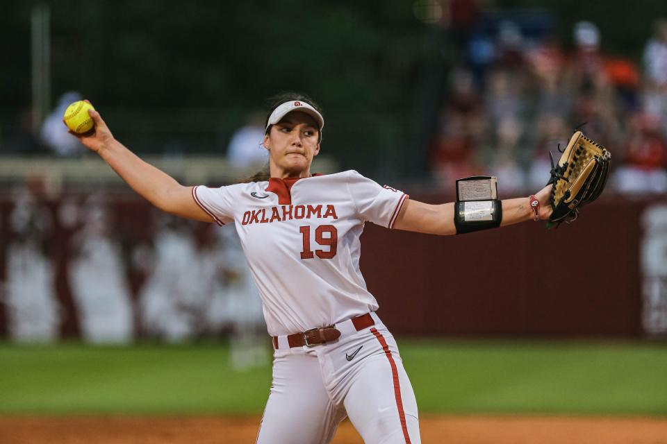 Nicole May (19) pitches as the Oklahoma Sooners face the Prairie View A&M Panthers in the NCAA Norman Regional at Marita Hynes Field in Norman, on Friday, May 20, 2022.