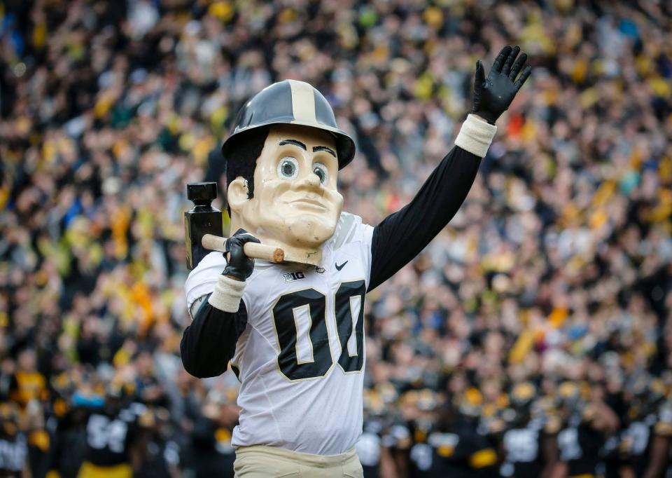 The Purdue mascot waves to the Stead Family Children’s Hospital at the conclusion of the first quarter against Iowa on Saturday, Oct. 19, 2019, at Kinnick Stadium in Iowa City. Credit: USA TODAY Sports