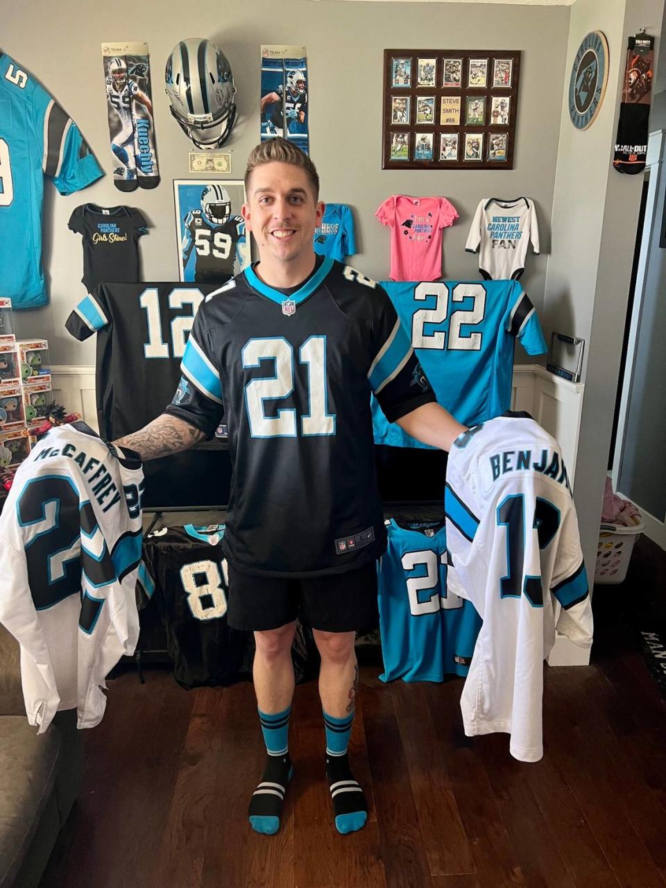 Charlotte native and Carolina Panthers superfan went viral for a video he posted on Instagram about his jersey collection. Players took notice and responded in good fun.