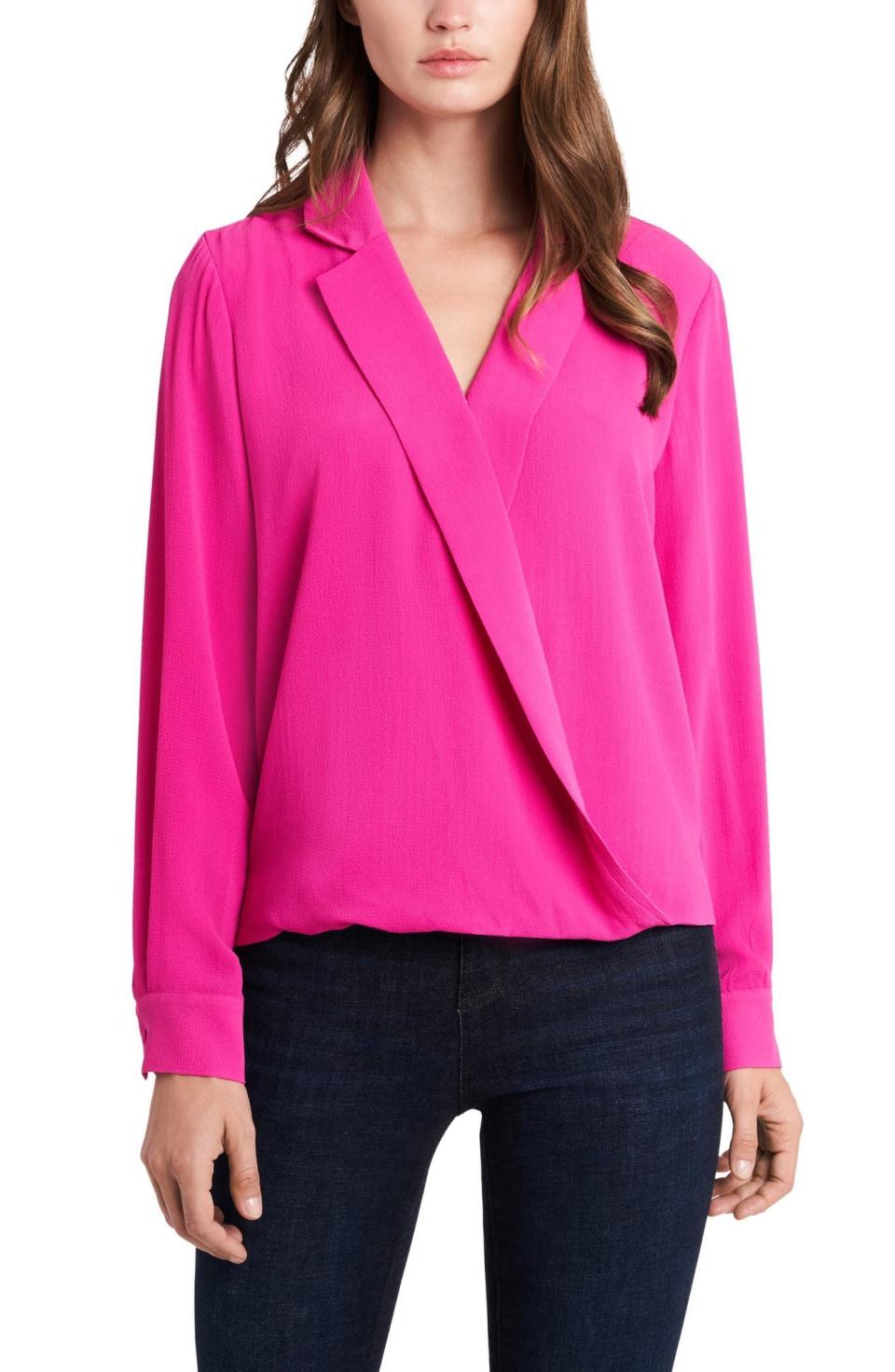 Notch Collar Faux Wrap Blouse