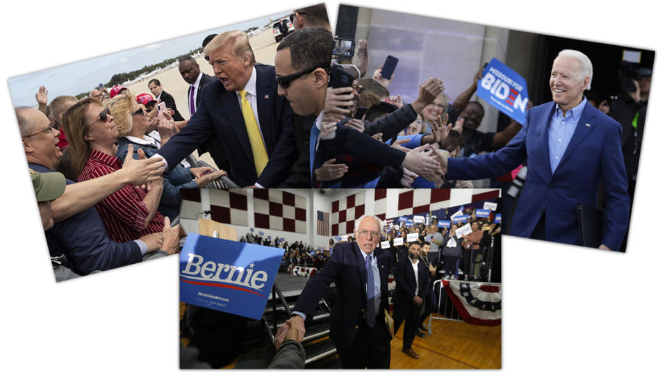 President Trump, Joe Biden and Sen. Bernie Sanders on the campaign trail this week. (Alex Brandon/AP, Charlie Riedel/AP, Paul Sancya/AP)