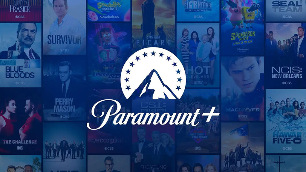  Paramount Plus logo in front of promo images for movies and TV shows available on the platform. 