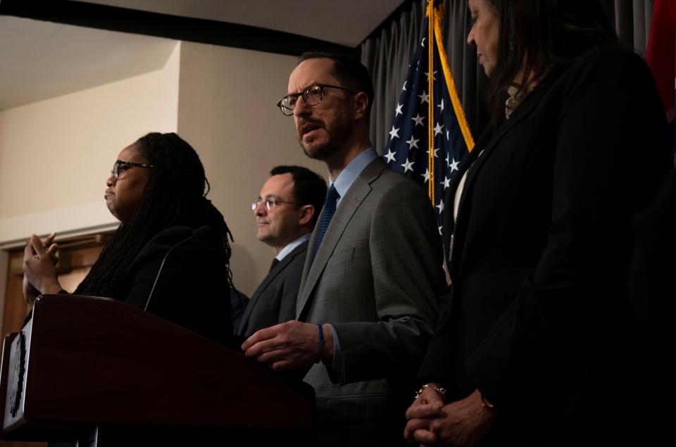 Nashville Mayor Freddie O'Connell, speaks during a press conference at the Historic Metropolitan Courthouse in Nashville, Tenn., Thursday, Feb. 15, 2024.