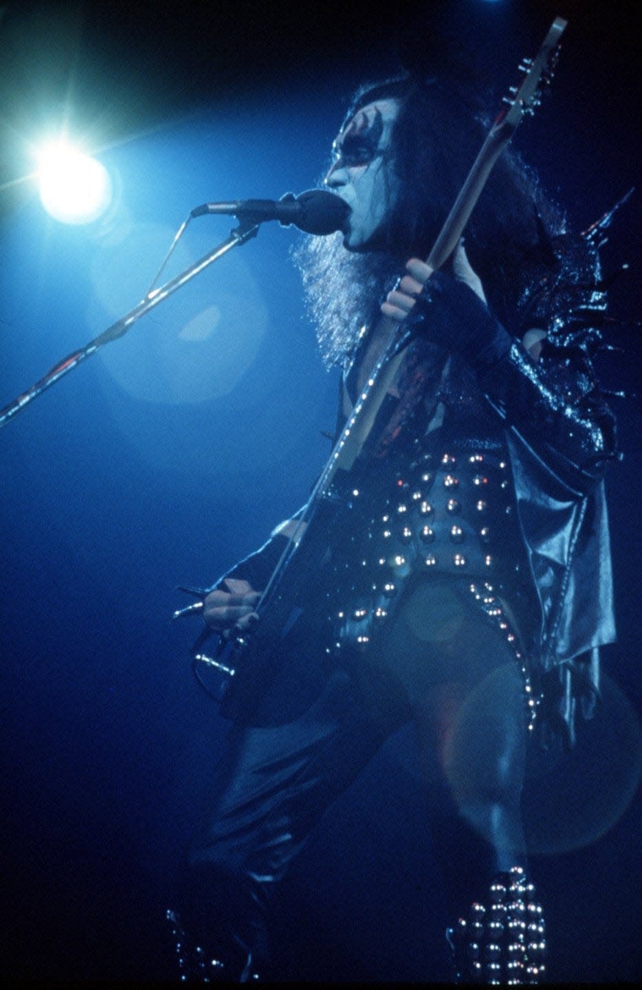 Gene Simmons performs onstage with Kiss at Cobo Arena on May 16, 1975.