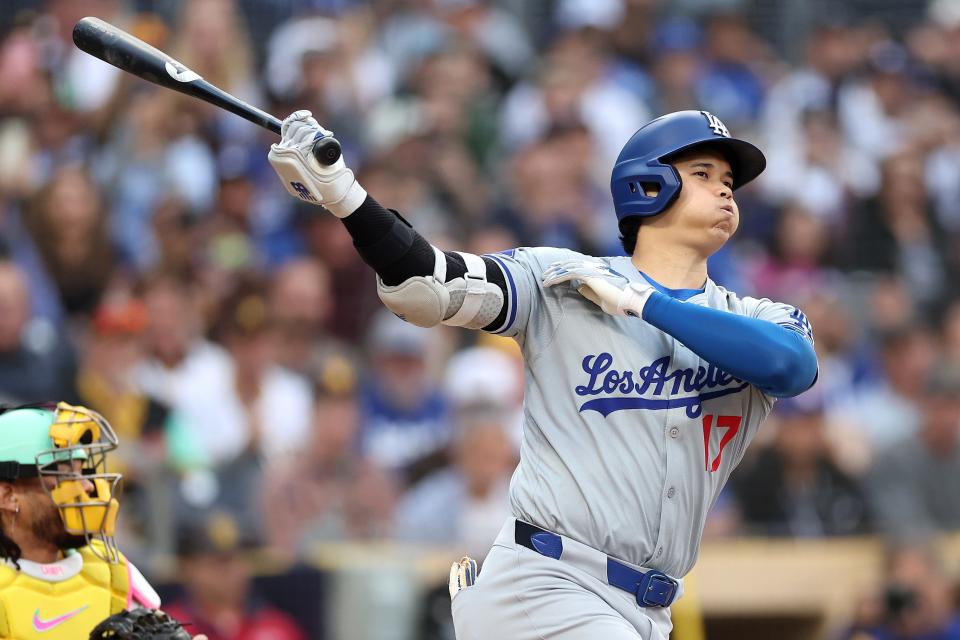 Shohei Ohtani #17 of the Los Angeles Dodgers swings for a strike during the first inning of a game against the San Diego Padres at Petco Park on May 10, 2024 in San Diego, California.