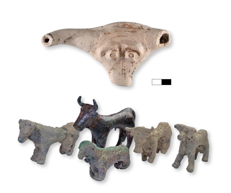 Archaeologists found bronze figurines and a terracotta bull’s head in trenches beneath the temple’s foundation.