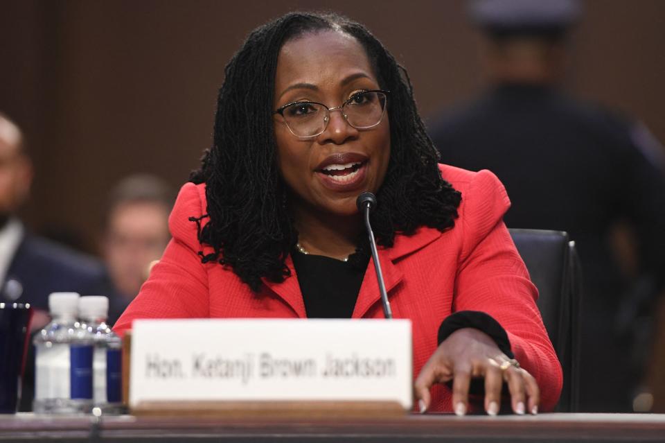 Judge Ketanji Brown Jackson testifies on her nomination to become an associate justice of the Supreme Court during a Senate Judiciary Committee confirmation hearing on Tuesday. 