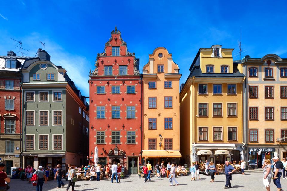 Cobblestone streets filled with vibrant 16th- and 17th-century buildings wind through Gamla Stan, the oldest area of Stockholm, Sweden. Take in the architecture of Gamla Stan’s most famous streets, Västerlånggatan, or squeeze down the city’s narrowest street, Mårten Trotzig Gränd, which is just 3-feet wide at parts.