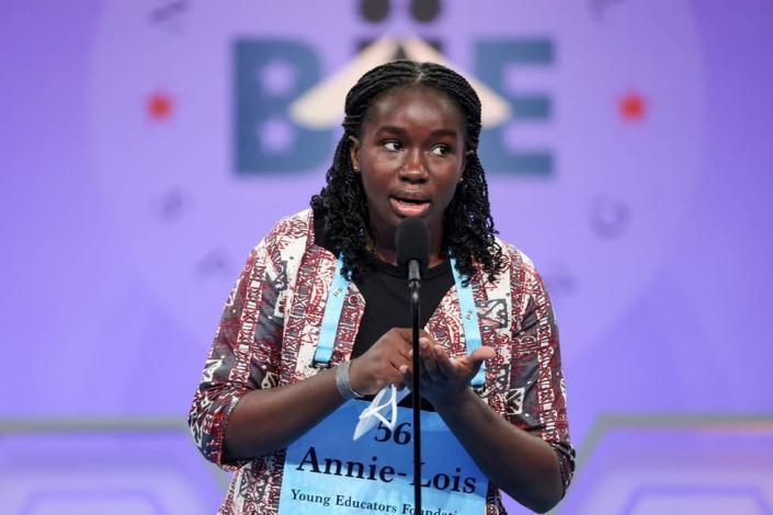 Annie-Lois Ama Serwaa Acheamong, an 8th grader from Ghana Christian International High School in Accra, Ghana, spells a word during a preliminary round of the annual Scripps National Spelling Bee in National Harbor, Maryland, U.S., May 31, 2022.