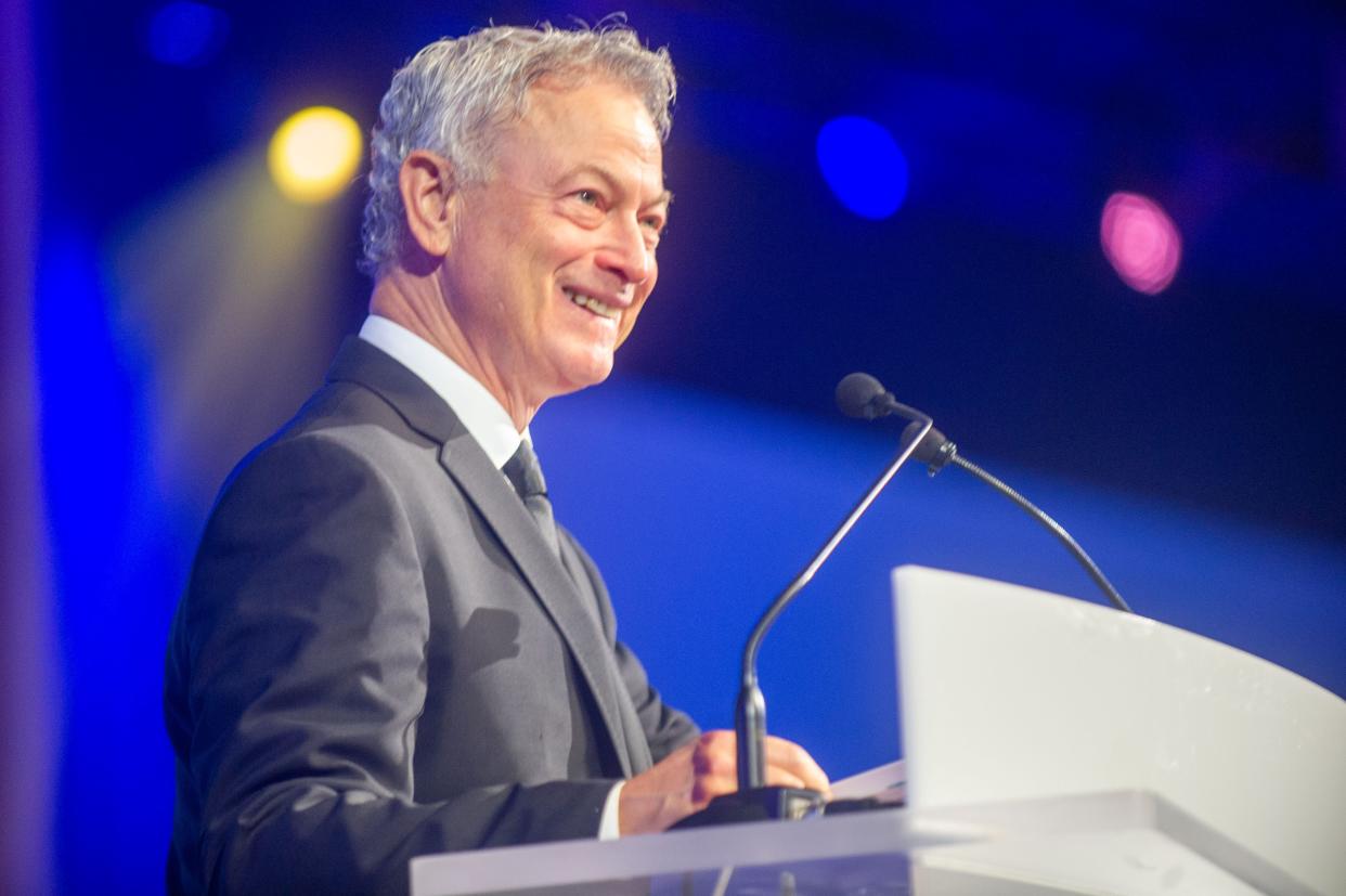 Gary Sinise delivers welcome remarks during the Patriot Awards Gala hosted by the Medal of Honor Convention at the Knoxville Conventional Center on Saturday, Sept. 10, 2022.