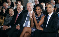 FILE - President Barack Obama, first lady Michelle Obama, Vice President Joe Biden, Supreme Court Associate Justices Stephen Breyer and Ruth Bader Ginsburg listen to Regina Spektor perform at an event honoring Jewish American Heritage Month in the East Room of the White House in Washington, May 27, 2010. Breyer is retiring, giving President Joe Biden an opening he has pledged to fill by naming the first Black woman to the high court, two sources told The Associated Press Wednesday, Jan. 26, 2022. (AP Photo/Charles Dharapak, File)