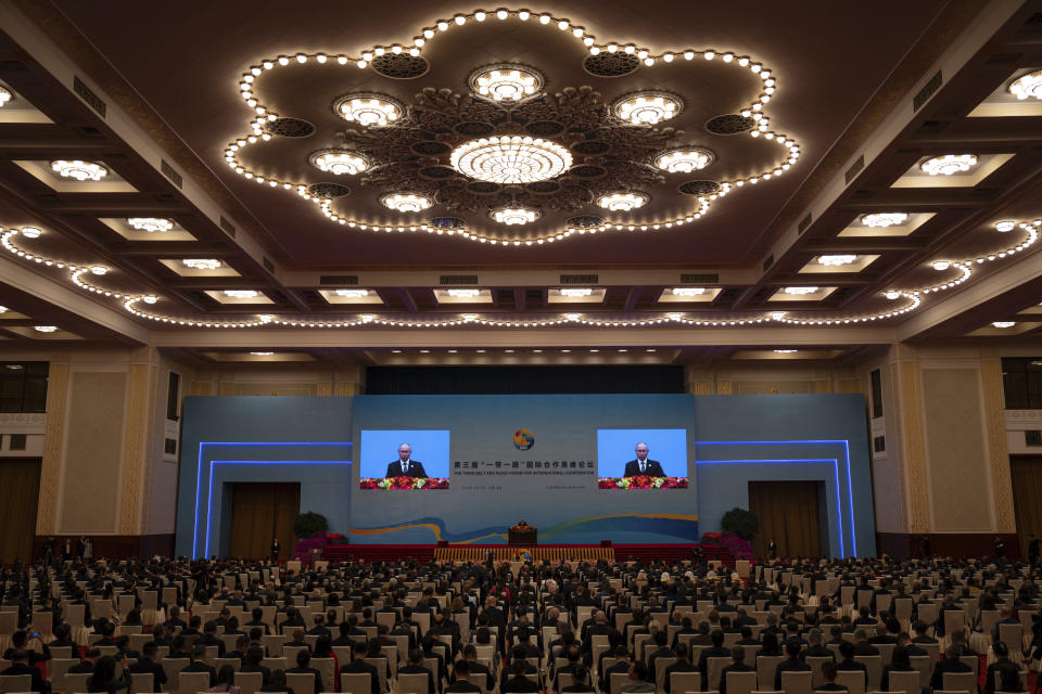 Russian President Vladimir Putin delivers a speech during the Belt and Road Forum at the Great Hall of the People in Beijing, Wednesday, Oct. 18, 2023. (AP Photo/Louise Delmotte)