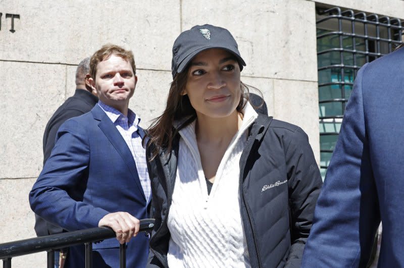 United States Representative Alexandria Ocasio-Cortez exits the campus of Columbia University after visiting the pro-Palestinian encampment as pro-Israeli counter-protesters hold a rally outside of the university. Photo by John Angelillo/UPI