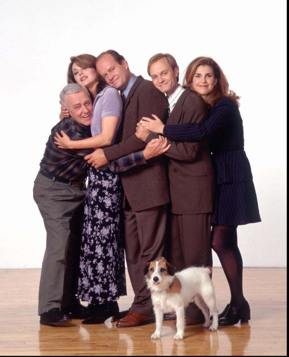 "Frasier" - which featured John Mahoney, left, Jane Leeves, Kelsey Grammer and Peri Gilpin - was a "Cheers" spinoff that became arguably TV's greatest comedy of manners.