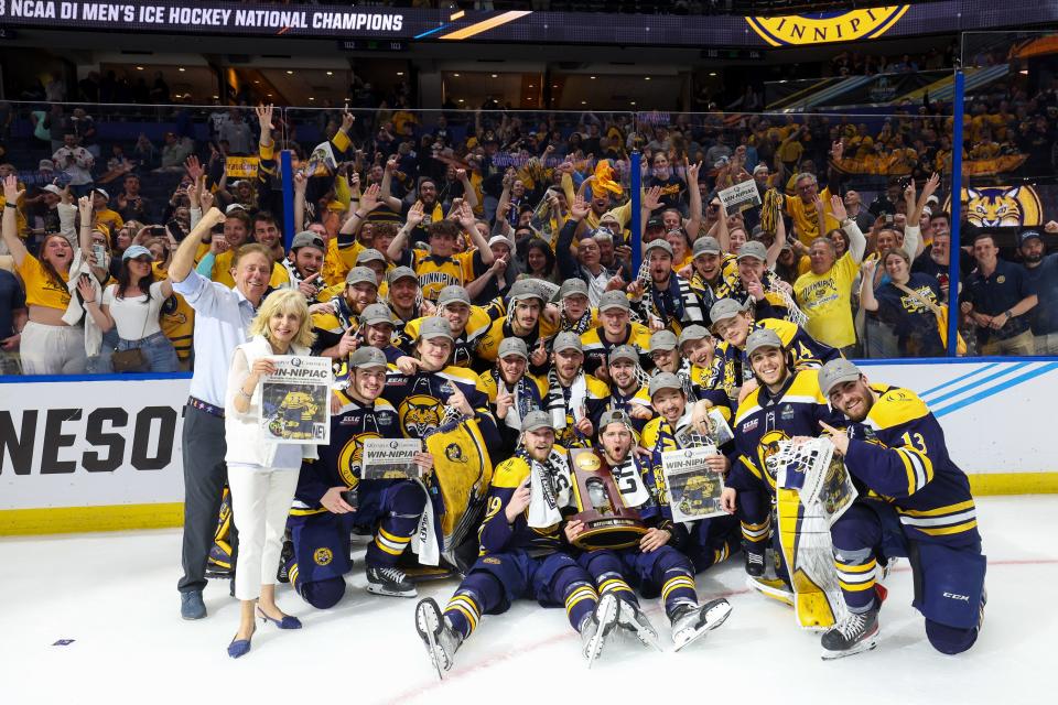 Quinnipiac celebrates after beating Minnesota in overtime to win the national championship game of the 2023 Frozen Four college ice hockey tournament in Tampa. The Bobcats are in Providence this weekend, and will face Wisconsin on Friday afternoon.