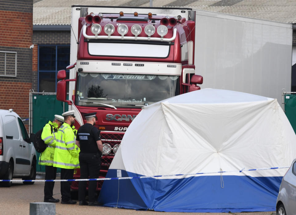 Police activity at the Waterglade Industrial Park in Grays, Essex, after 39 bodies were found inside a lorry container on the industrial estate.