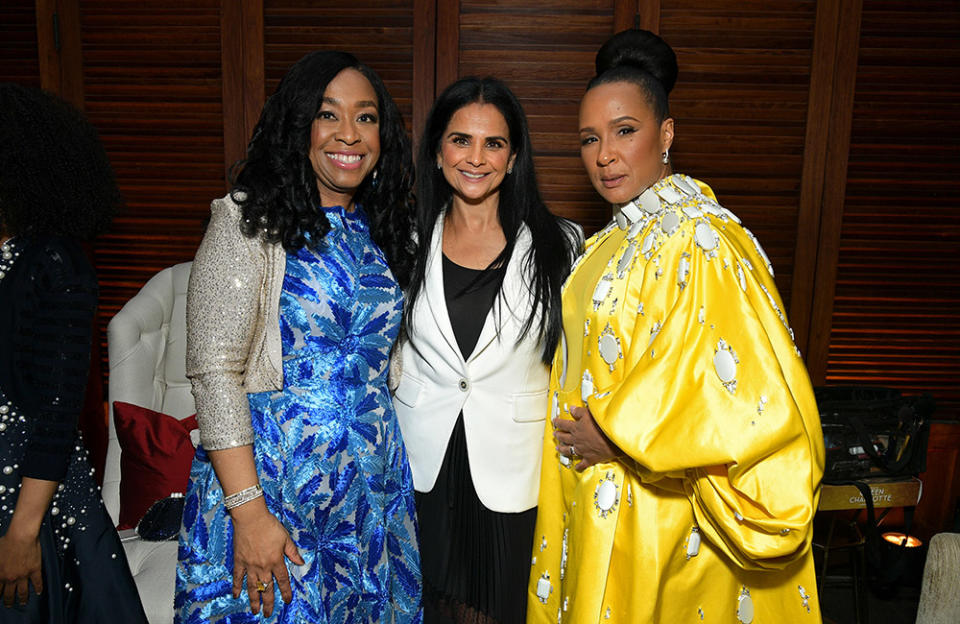 (L-R) Shonda Rhimes, Bela Bajaria, Chief Content Officer at Netflix, and Golda Rosheuvel attend Netflix's Queen Charlotte: A Bridgerton Story World Premiere at Regency Village Theatre on April 26, 2023 in Los Angeles, California.