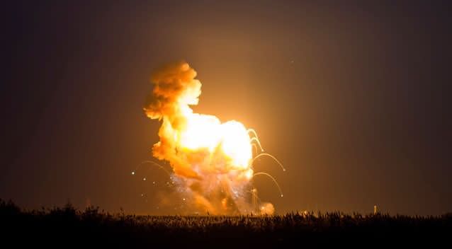 Antares rocket, with the Cygnus spacecraft onboard, as it suffers a catastrophic anomaly moments after launch. Photo: AP