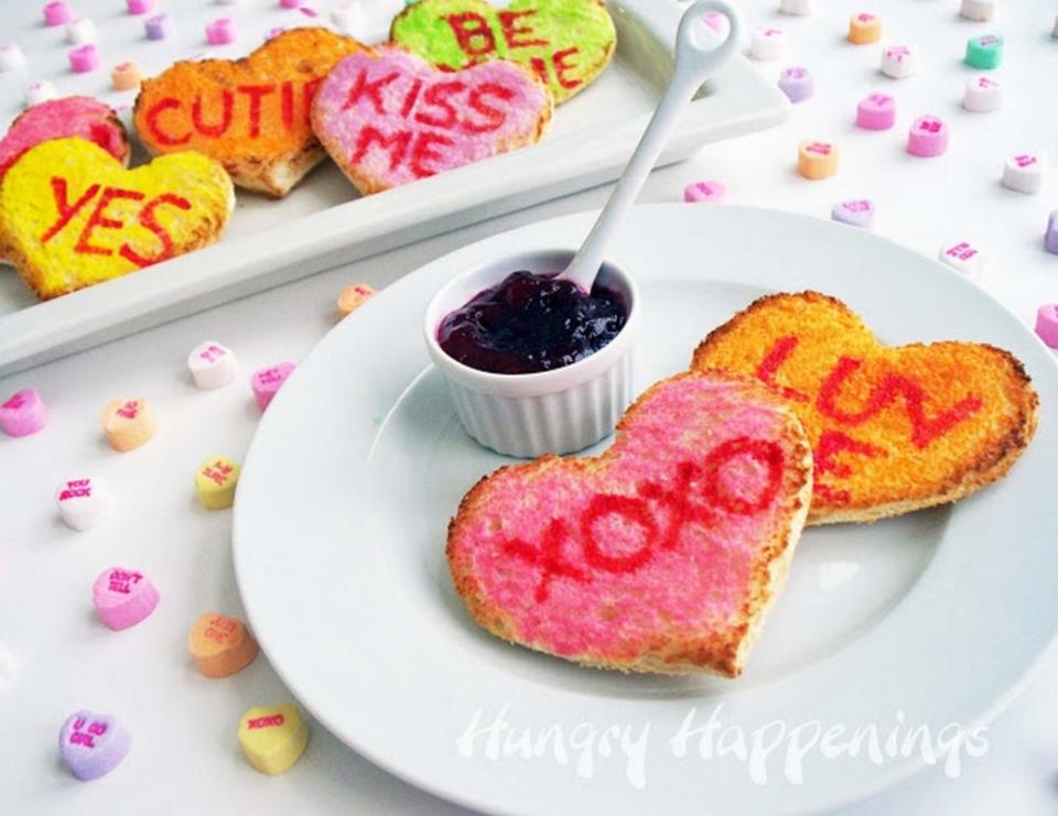 <p>Hungry Happenings</p><p>Just as cute as their candy cousin, but oh yummier!</p><p><strong>Get the recipe: <a href="http://hungryhappenings.com/2011/01/valentines-day-breakfast-conversation.html/" rel="nofollow noopener" target="_blank" data-ylk="slk:Conversation Heart Toast;elm:context_link;itc:0;sec:content-canvas" class="link ">Conversation Heart Toast</a></strong></p>