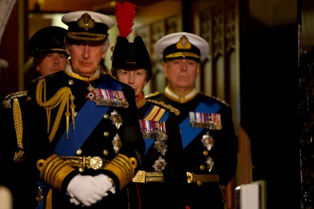 King Charles III, the Princess Royal, the Duke of York (right) and the Earl of Wessex (left) arrive to hold a vigil beside the coffin of their mother, Queen Elizabeth II, as it lies in state on the catafalque in Westminster Hall, at the Palace of Westminster, London. Picture date: Friday September 16, 2022. (Photo: Hannah McKay via PA Wire/PA Images)