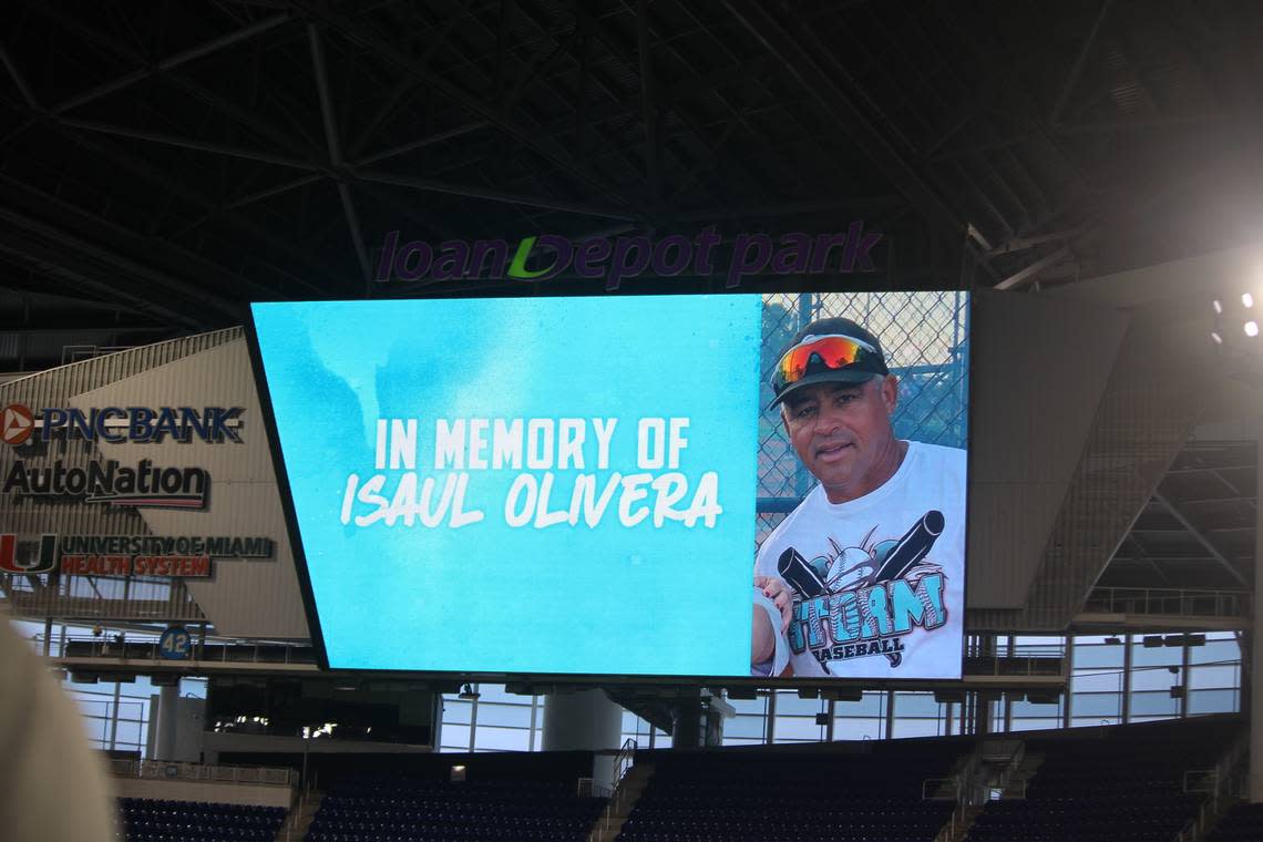 Isaul Olivera, father of Miami Springs High pitcher Brandon Olivera, is remembered on the scoreboard at loanDepot park during a game between the Golden Hawks and Southwest on April 11, 2023.