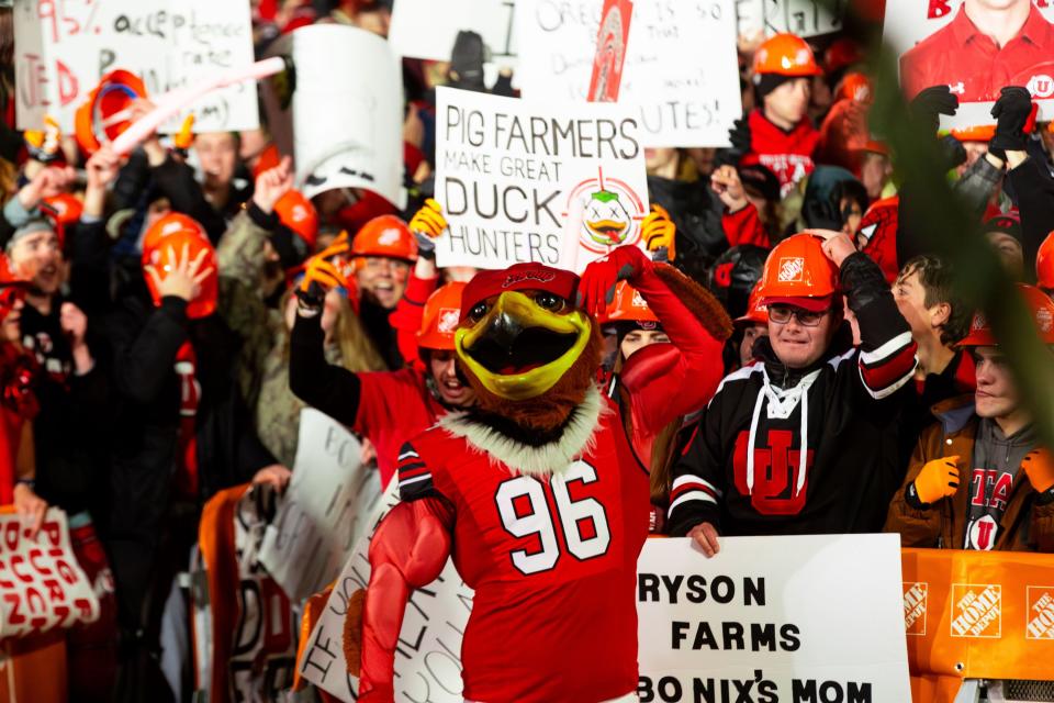 Swoop hypes up the crowd University of Utah students during the filming of ESPN’s “College GameDay” show at the University of Utah in Salt Lake City on Saturday, Oct. 28, 2023. | Megan Nielsen, Deseret News