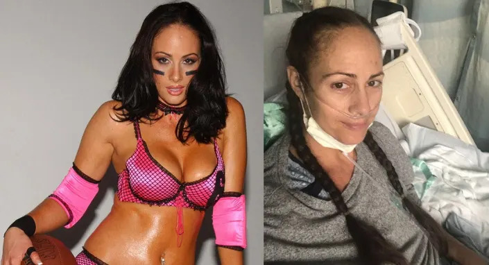 lingerie football league player in her gear, same woman in hospital bed with tubes in her nose