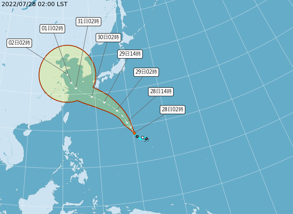 熱帶性低氣壓預計今日生成颱風。（中央氣象局提供）