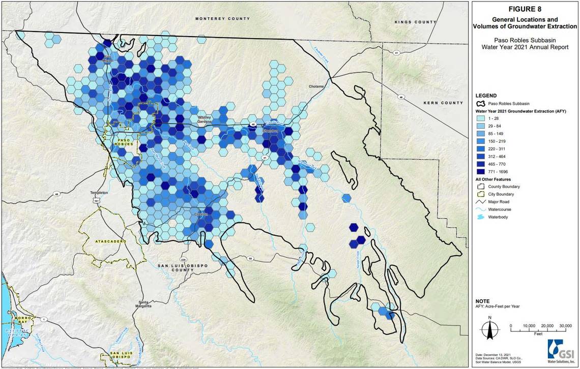 This map shows generally where the heaviest groundwater users are in the Paso Robles sub-basin.