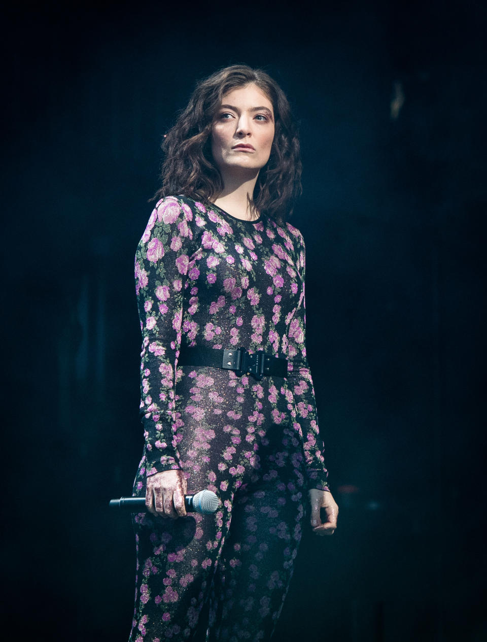 Lorde stares out into the crowd with her mic by her side