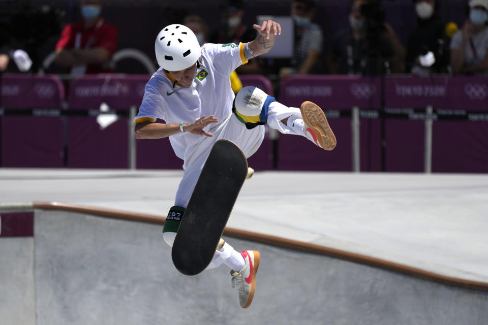 Luiz Francisco of Brazil competes in the men's park skateboarding finals at the 2020 Summer Olympics, Thursday, Aug. 5, 2021, in Tokyo, Japan. (AP Photo/Ben Curtis)