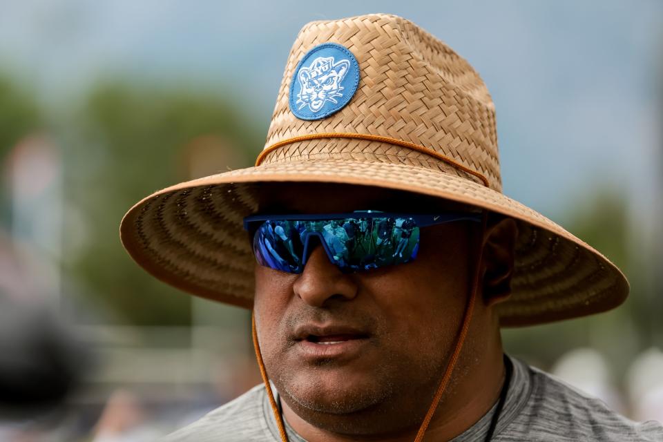 BYU Cougars football head coach Kalani Sitake talks to journalists after practice at Brigham Young University in Provo on Tuesday, Aug. 1, 2023. | Spenser Heaps, Deseret News