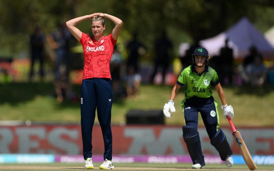 Lauren Bell of England reacts after a dropped catch during the ICC Women's T20 World Cup group B match between Ireland and England at Boland Park on February 13, 2023 in Paarl, South Africa - Mike Hewitt/Getty Images