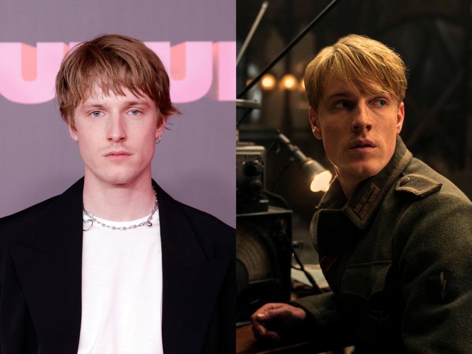 left: louis hofman looking stoic on a red carpet, wearing a black blazer and white t-shirt, and with the shadow of a mustache on his upper lip. right: hofmann in all the light we cannot see as werner, a young man in a german military uniform looking attentive in front of a radio