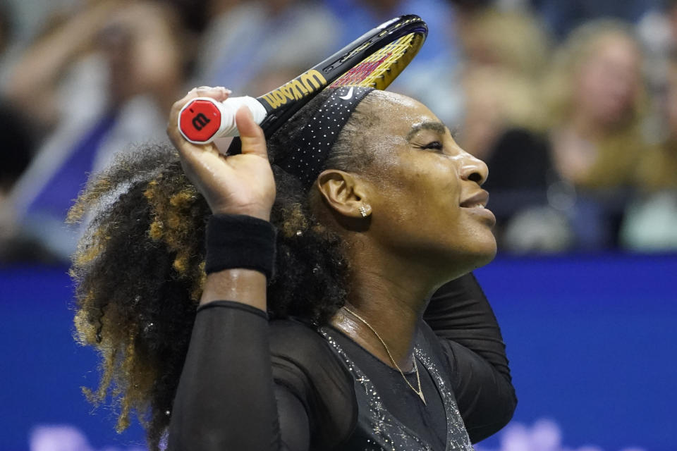 Serena Williams, of the United States, reacts during a match against Ajla Tomljanovic, of Australia, during the third round of the U.S. Open tennis championships, Friday, Sept. 2, 2022, in New York. (AP Photo/John Minchillo)