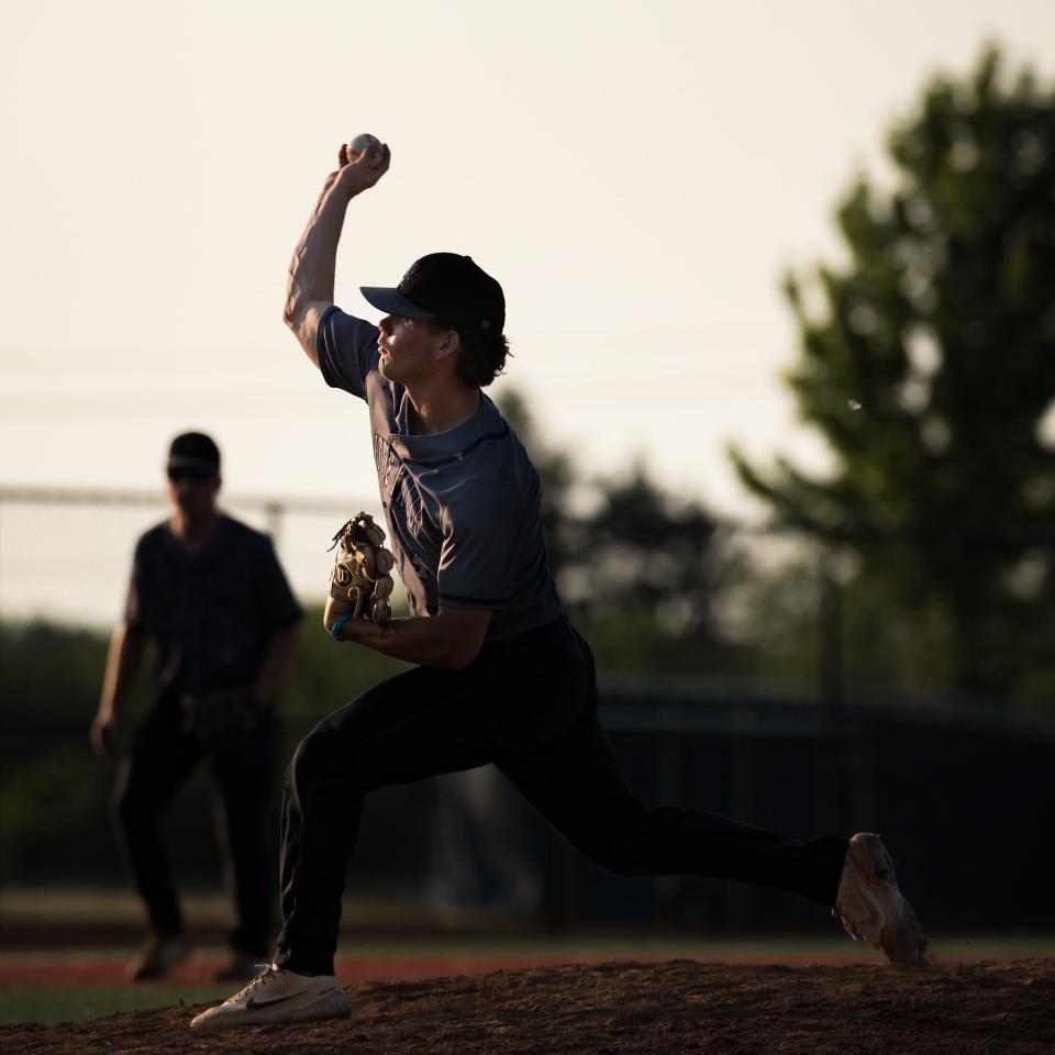 Little Falls' Chase Regan throws a pitch during the finals of the 2023 Section III Class C Baseball Tournament at Onondaga Community College on Tuesday, May 30, 2023.