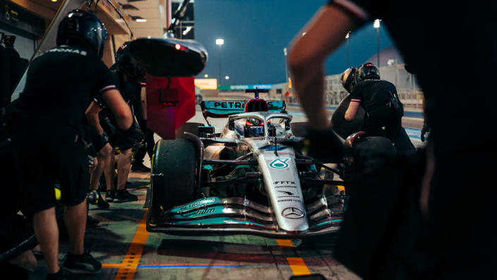 Members of the Mercedes-AMG Petronas team during preseason testing in Bahrain prior to the start of the 2022 Formula 1 season. - Credit: Photo by Sebastian Kawka, courtesy of Mercedes-Benz Grand Prix Ltd.