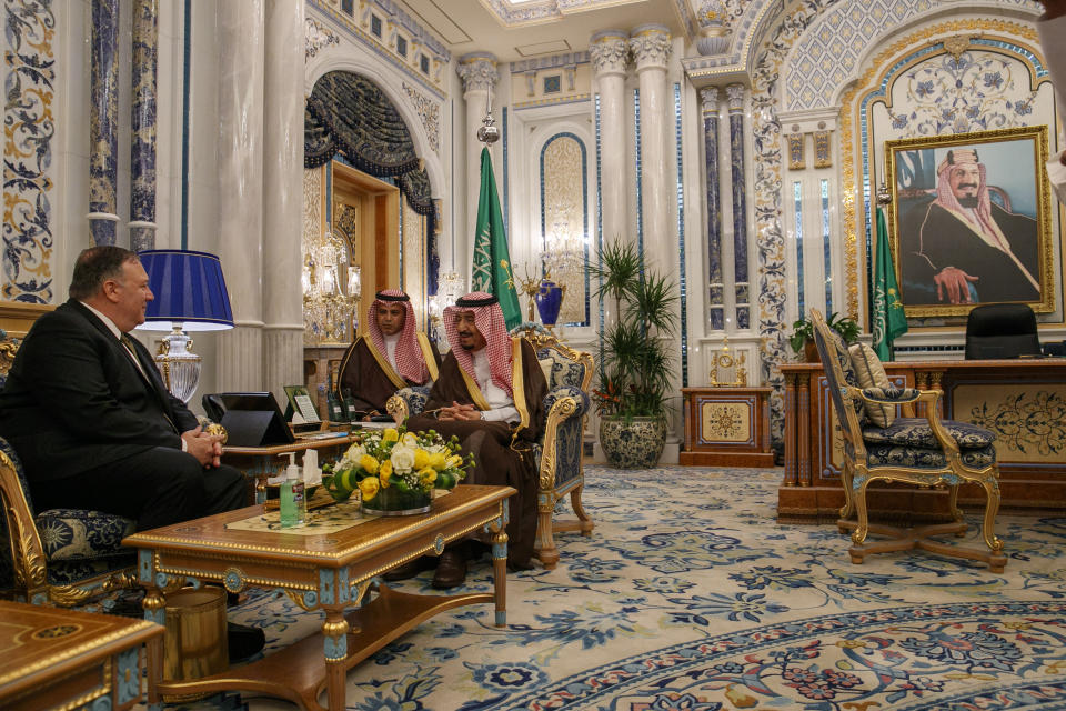 U.S. Secretary of State Mike Pompeo, left, meets with King Salman, right, at Al Salam Palace in Jeddah, Saudi Arabia, Monday, June 24, 2019. Pompeo is conducting consultations during a short tour of the Middle East, including visits to Saudi Arabia and United Arab Emirates. (AP Photo/Jacquelyn Martin, Pool)