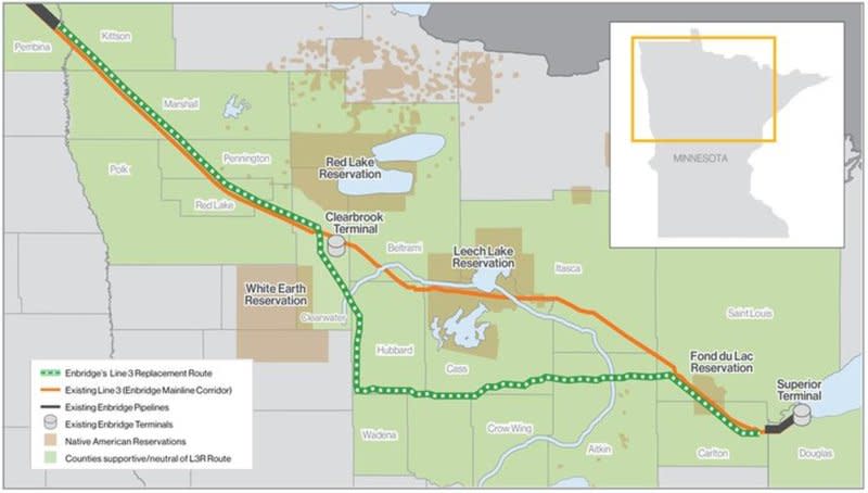 Canadian energy company Enbridge is working to replace around 360 miles of its Line 3 crude oil pipeline, a pipeline that's been the subject of environmental concern since before the pandemic. Map courtesy of Enbridge