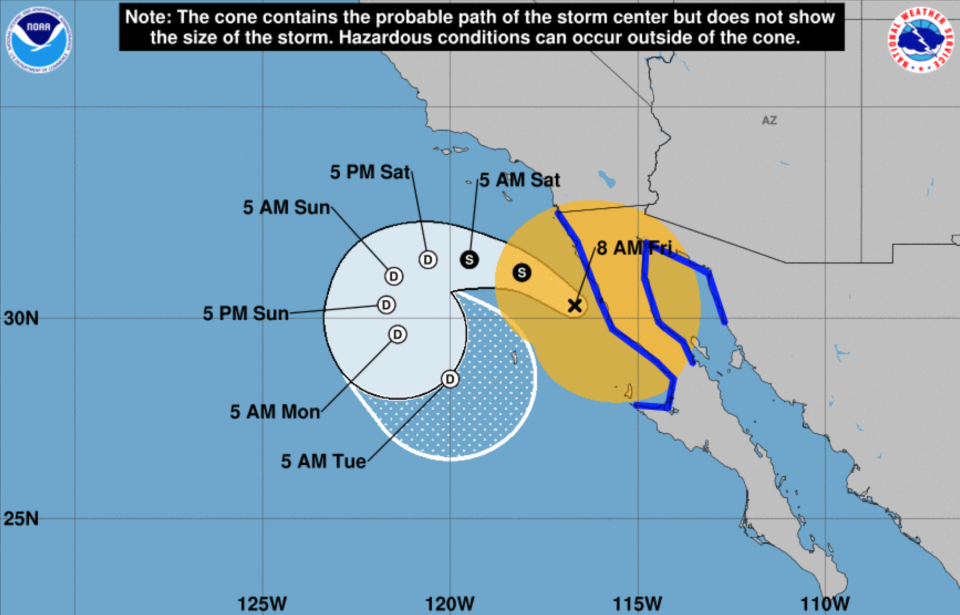 The National Hurricane Center's cone shows the projected path of Tropical Storm Kay off the coast of Mexico and California Friday.