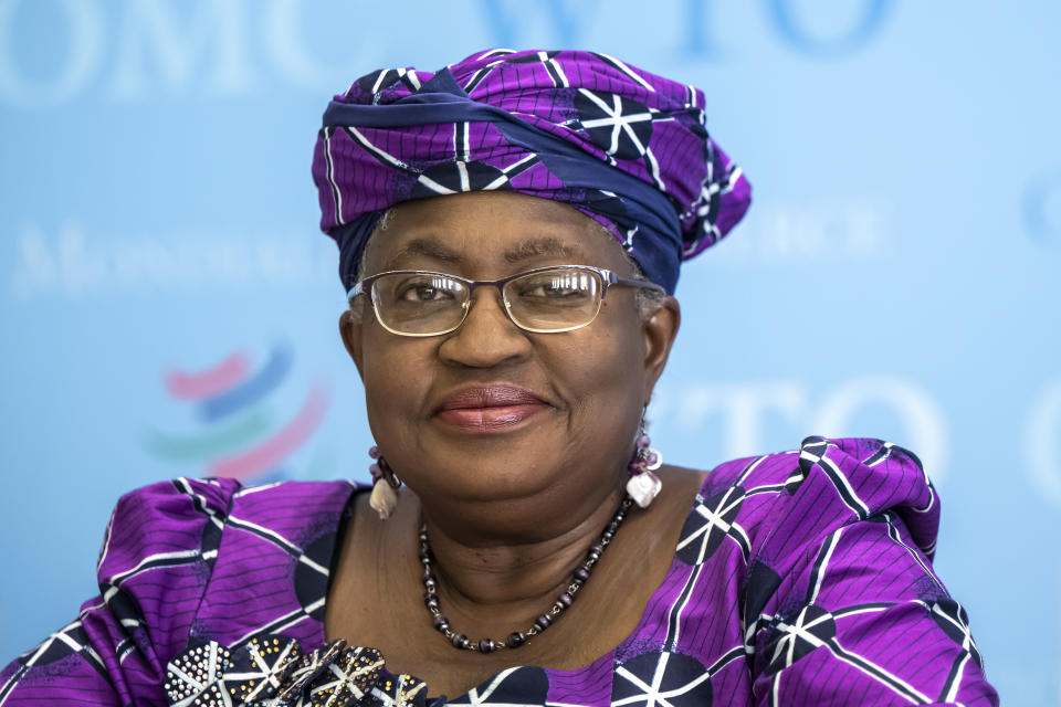 Nigeria's Ngozi Okonjo-Iweala, Director General of the World Trade Organisation, WTO, speaks to the media about WTO revised trade forecast during a press conference, at the headquarters of the World Trade Organization in Geneva, Switzerland, Wednesday, Oct. 5, 2022. (Martial Trezzini/Keystone via AP)