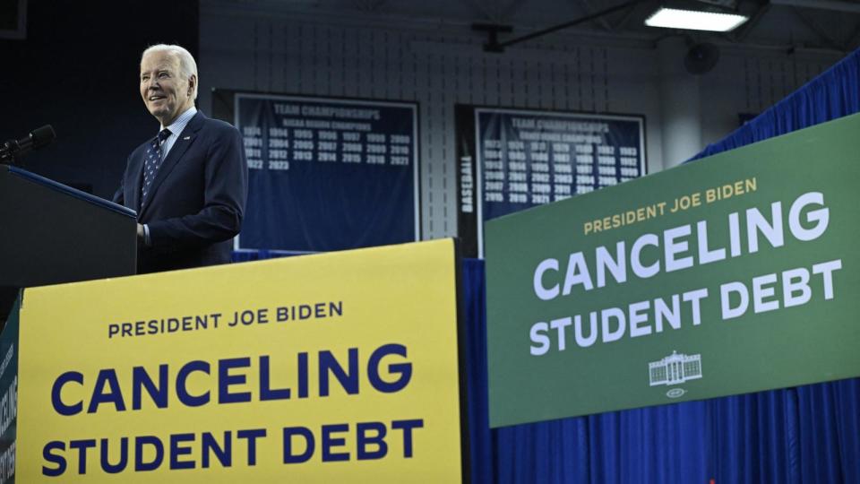 PHOTO: President Joe Biden speaks about student loan debt relief at Madison Area Technical College in Madison, Wis., April 8, 2024.  (Andrew Caballero-Reynolds/AFP via Getty Images)