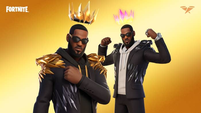 LeBron James is seen in two unique black outfits, with sunglasses, a floating crown and back bling, all of which are part of his Fortnite bundle