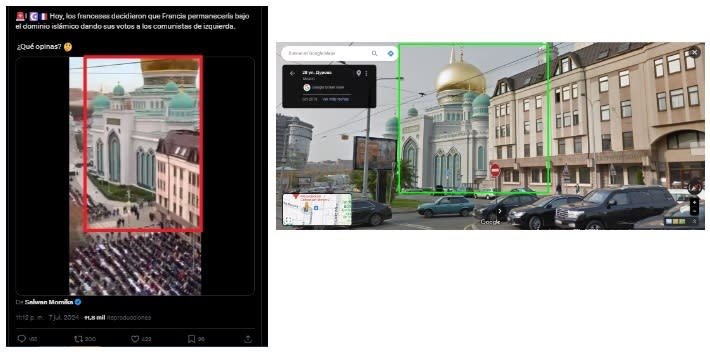 <span>Comparación entre capturas de pantalla de una publicación hecha en X el 7 de julio de 2024 (I) y una imagen de la Mezquita Catedral de Moscú en Google Maps</span>