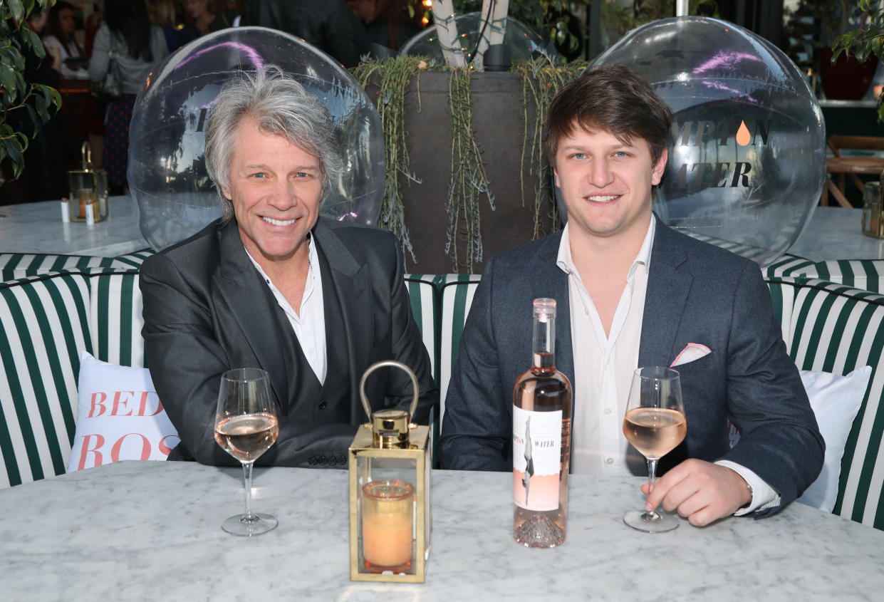 WEST HOLLYWOOD, CALIFORNIA - MARCH 28:  Jon Bon Jovi and Jesse Bongiovi celebrate the launch of their the Hampton Water Rosé at Harriet's Rooftop on March 28, 2019 in West Hollywood, California. (Photo by Jerritt Clark/Getty Images for Hampton Water)